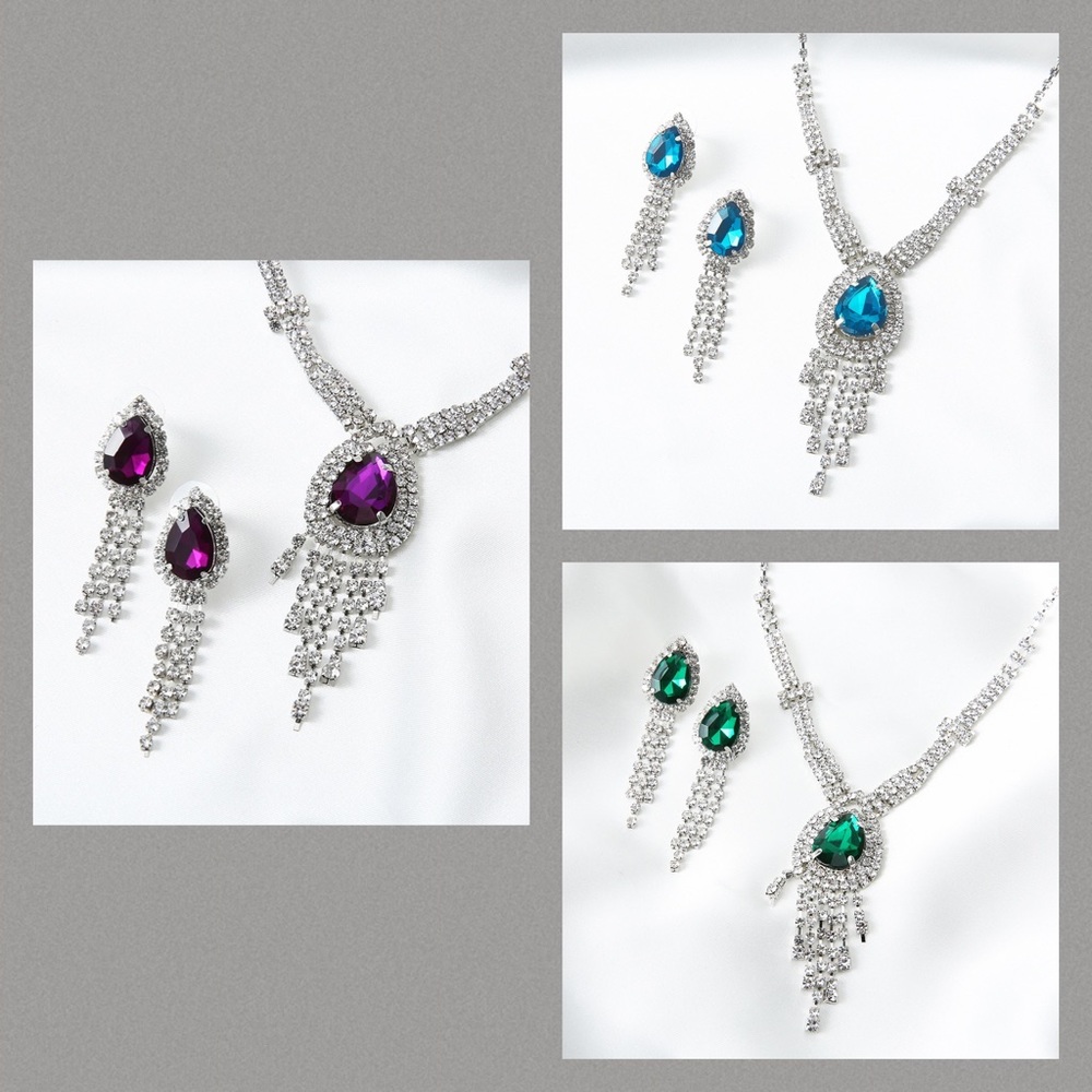 Silver and Purple, Blue or Green Rhinestone Necklace and Earrings Set
